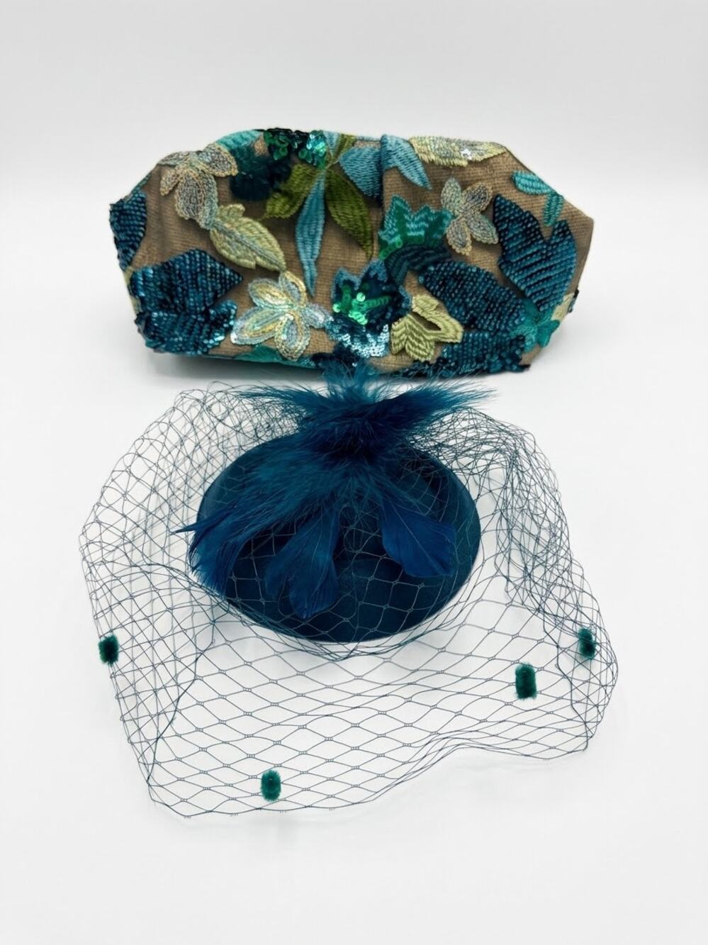 Teal Fascinator Hat and Beaded Clutch Set, Peacock Feather Pillbox Hat and Bag